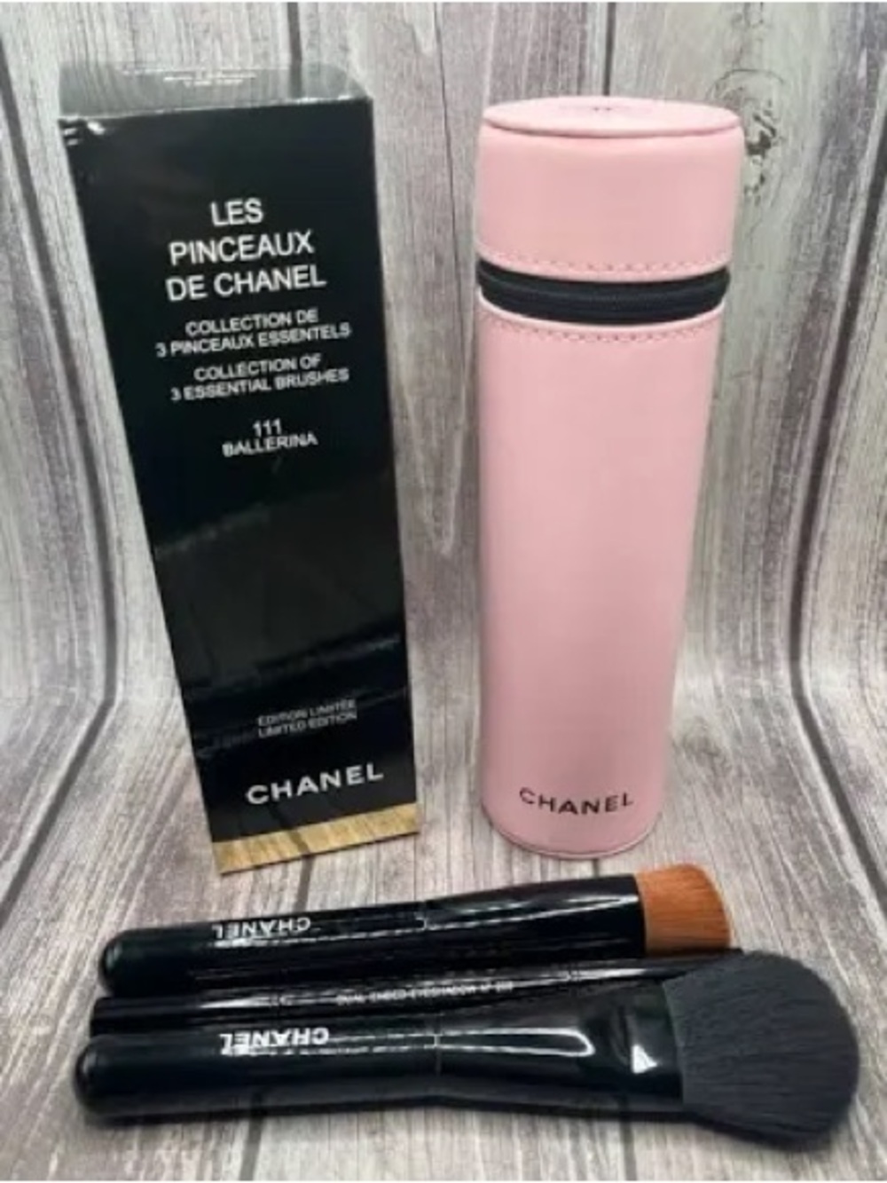 CHANEL Pink Brush Set with Black Handles and Pink Zip Case